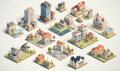 Isometric 3D Cityscape Vector Featuring a Range of Building Shapes and Sizes, Each Showcasing Unique Home Interiors.