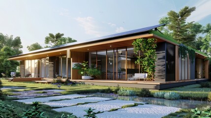 Fototapeta premium The AI-generated photo shows a modern house with a lot of glass. The house is surrounded by greenery.