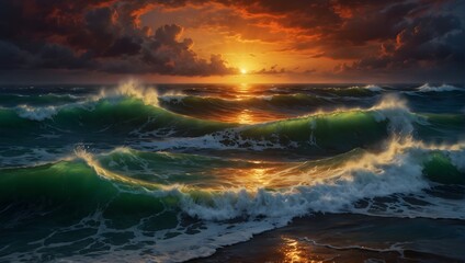 A dramatic stormy seascape with crashing waves and a fiery sunset painting the sky in vivid hues ai_generated