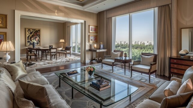 The AI-generated photo shows a luxurious living room with a large window, a sofa, two armchairs, and a coffee table