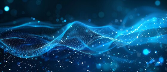 Abstract blue digital background with glowing dots and wavy lines, representing the flow of data in technology or internet innovation - obrazy, fototapety, plakaty