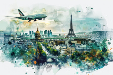 Green watercolor paint of airplane flying over the city of Paris