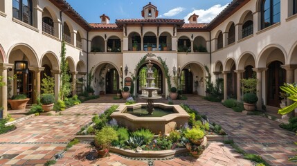 Obraz premium The image shows a beautiful courtyard with a fountain in the middle. The courtyard is surrounded by a walkway with arches and columns.
