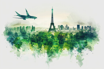 Green watercolor paint of airplane flying over the city of Paris