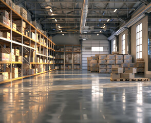 warehouse interior with shelves, pallets and boxes