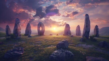 The image shows a beautiful landscape with a stone circle in the foreground and a sunset in the...