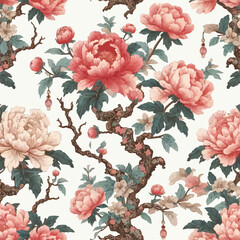 Free vector Chinoiseries style Seamless pattern with peonies trees, illustration