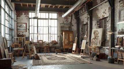 The image shows a large, open room with high ceilings and wooden beams