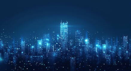 Abstract blue digital cityscape background with glowing lines and shapes, representing technology or futuristic urban development