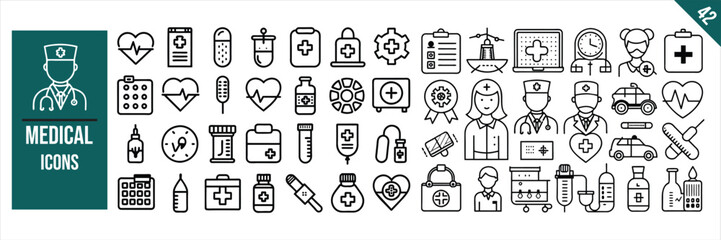 Set of 42 outline icons related to Medical. Linear icon collection. Vector illustration.