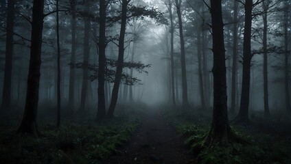 Obraz premium A misty forest scene with deep shadows and piercing light, evoking a moody atmosphere ai_generated