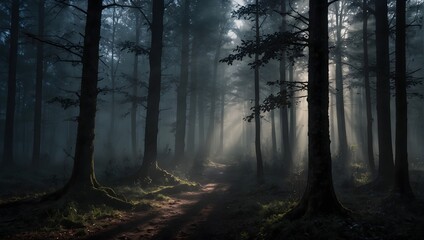 A misty forest scene with deep shadows and piercing light, evoking a moody atmosphere ai_generated