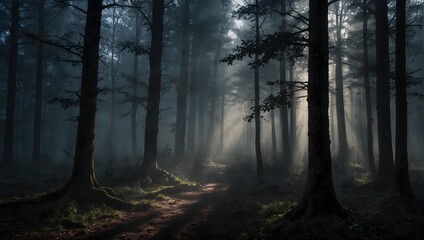 Fototapeta premium A misty forest scene with deep shadows and piercing light, evoking a moody atmosphere ai_generated
