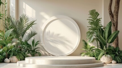 Podium in abstract soft cream room composition for product presentation with tree jungle