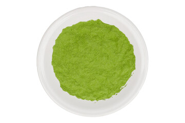 Green tea powder in a white bowl isolated transparent