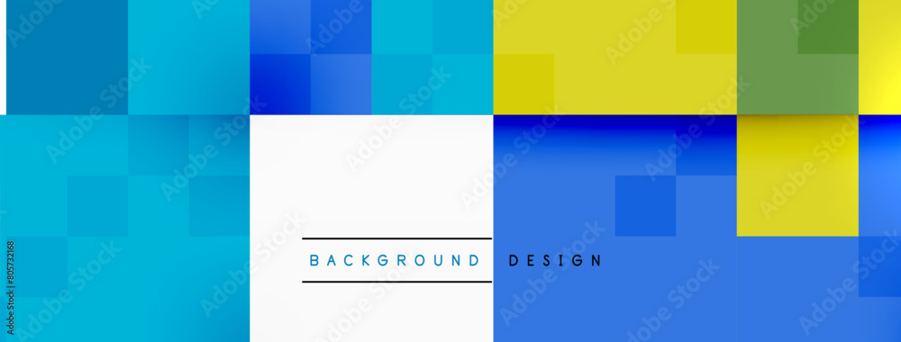 Poster The colorfulness of the blue and yellow background with squares creates a vibrant and dynamic visual effect. The rectangles and patterns in electric blue and magenta add a modern touch to the design