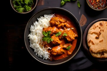 Traditional Indian dish Chicken tikka masala with spicy curry meat in bowl, basmati rice, bread naan on wooden dark background, top view, close up. Indian style dinner from above