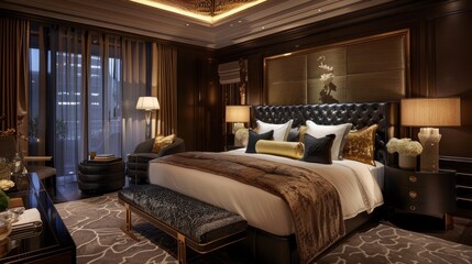 The picture shows a presidential suite with a king-sized bed, a sitting area, and a marble bathroom