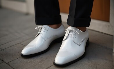 Close-up of Modern, Classic Men's Shoes on Urban Street: A Dapper Gentleman in Business Suit Amid Highrise Buildings
