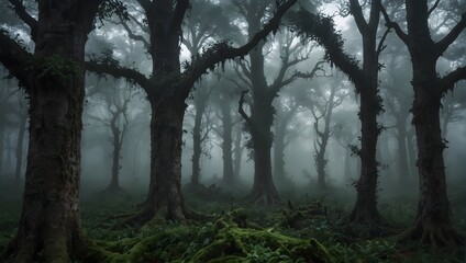Obraz premium A dreamlike forest where misty tendrils embrace ancient trees, evoking an ethereal realm ai_generated