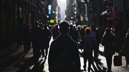A shadowy figure lurking in the background of a crowded city street, representing the pervasive threat of surveillance and loss of privacy in the digital age