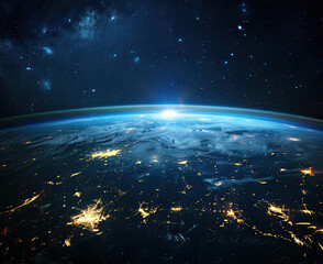 Surface of Earth planet in deep space Outer dark space wallpaper Night on planet with cities lights View from orbit Elements of this image furnished 