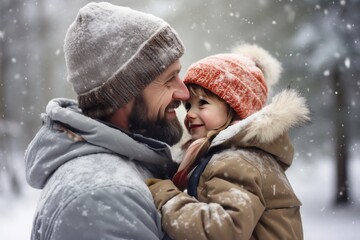 Caucasian father and daughter warmly dressed in winter during snowfall embrace with smiles on faces - Powered by Adobe
