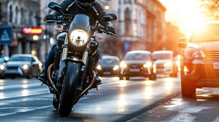 In the heart of the urban landscape, the motorcyclist rides with intensity, embodying the spirit of...