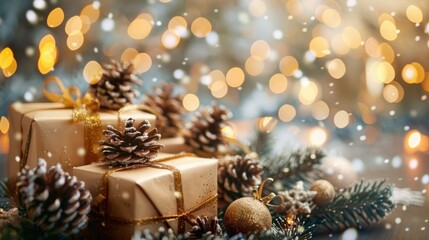 A festive gift presentation featuring golden ribbons and pine cones,Sparkling Christmas scene with glowing candles and festive,Gift boxes and pine cones and branches on the background. Generated AI - Powered by Adobe