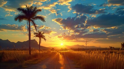 Sunset landscape with palm trees and mountains