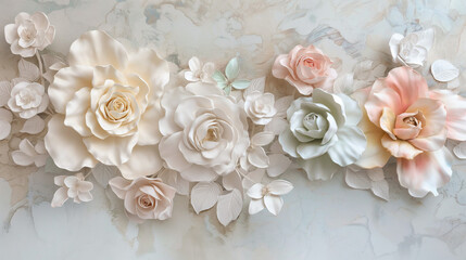 Wall art with relief flowers in pastel tones