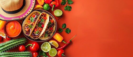 A top view of sombreros hat, cactus and tacos on a clean orange backdrop for Cinco De Mayo and big space for text or product advertisement background, Generative AI.