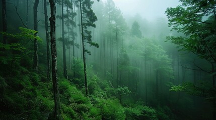 Obraz premium A dense forest shrouded in fog evokes an ethereal and mysterious atmosphere. Fantasy landscape. Generative AI