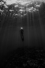 Freediver under de sun with the mask, black and white