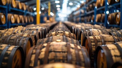 Whiskey, bourbon, scotch barrels in an aging facility