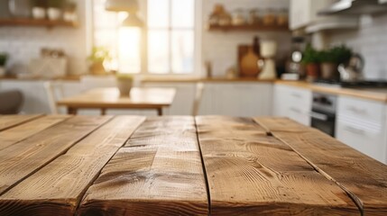 Wooden table on blurred kitchen bench background. Empty wooden table and blurred kitchen background