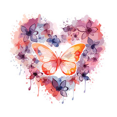 Watercolor love shape by butterfly illustration vector artwork on white background