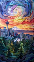 Seattle Skyline Mount Rainier at Sunrise Sunset Paper Cut Phone Wallpaper Background Illustration	