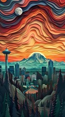Seattle Skyline Mount Rainier at Sunrise Sunset Paper Cut Phone Wallpaper Background Illustration	