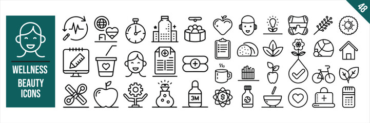 Set of 48 outline icons related to Wellness and beauty. Linear icon collection. Vector illustration.