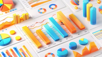 Colorful 3D graphs and charts representing data analysis