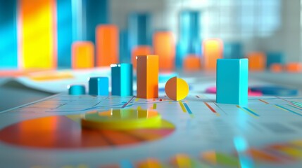 Colorful 3D graphs rise from data laden sheets visualizing success in statistics