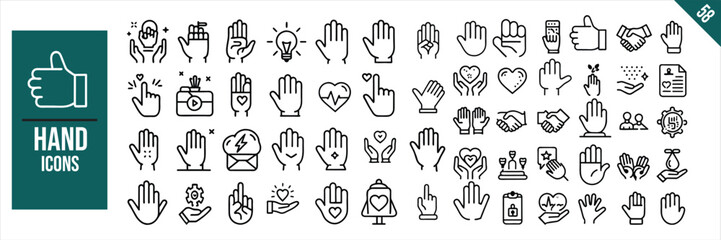 Set of 58 outline icons related to Hand. Linear icon collection. Vector illustration.