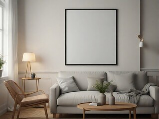 Blank picture frame mockup on white wall. White living room design. View of modern scandinavian style interior with artwork mock up on wall