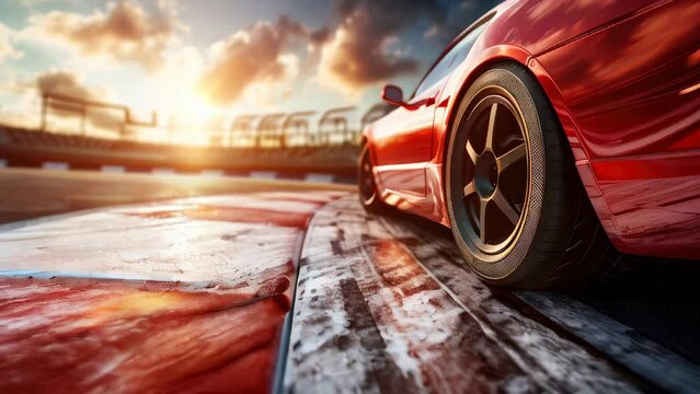 Red sports car ready to race on track at sunset
