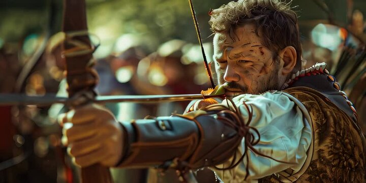 Man with focused expression aiming bow and arrow, dressed in medieval costume
