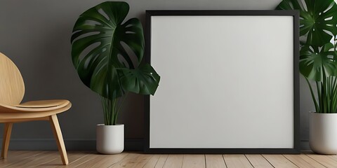 Creative mockup concept. Empty clear photo frame on boho table top and monstera leaf plants. Mock up frame for display or montage