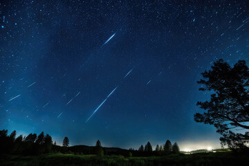 Naklejka premium Starry night clean sky, time lapse beautiful rotation star line in horizon, meteor shower. 