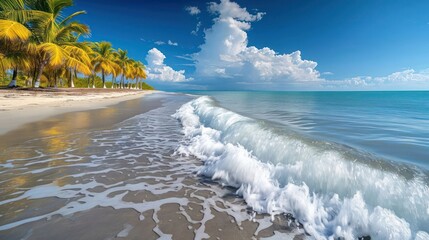 Beautiful blue ocean waves on sandy beach with palm trees in summer