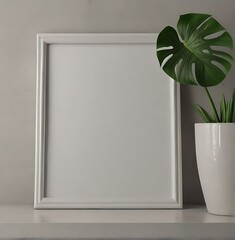 Photo frame and green leaf in a vase. Mockup.